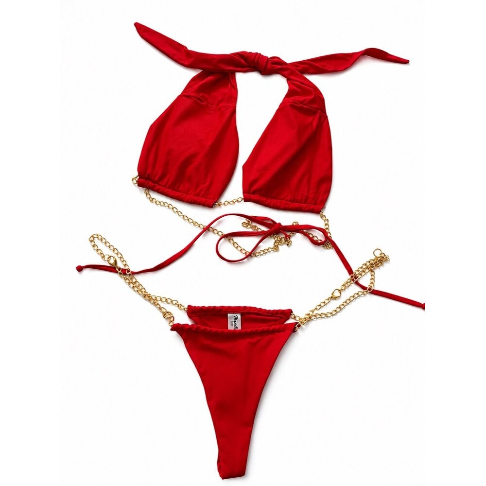 Mapale Red Gold Chain Bikini Set Multiway Adjustable Resort Collection S/M NWT
